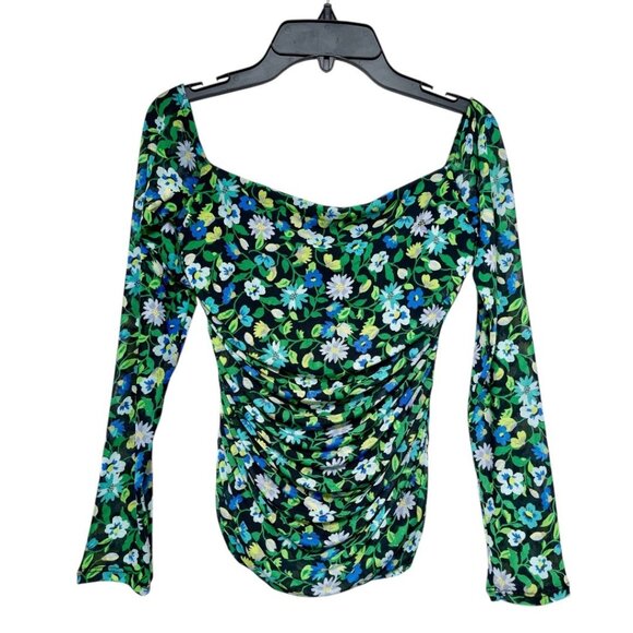 New AFRM Los Angeles Floral Off Shoulder Long-Sleeve Mesh Ruched Top Size S - Picture 1 of 5